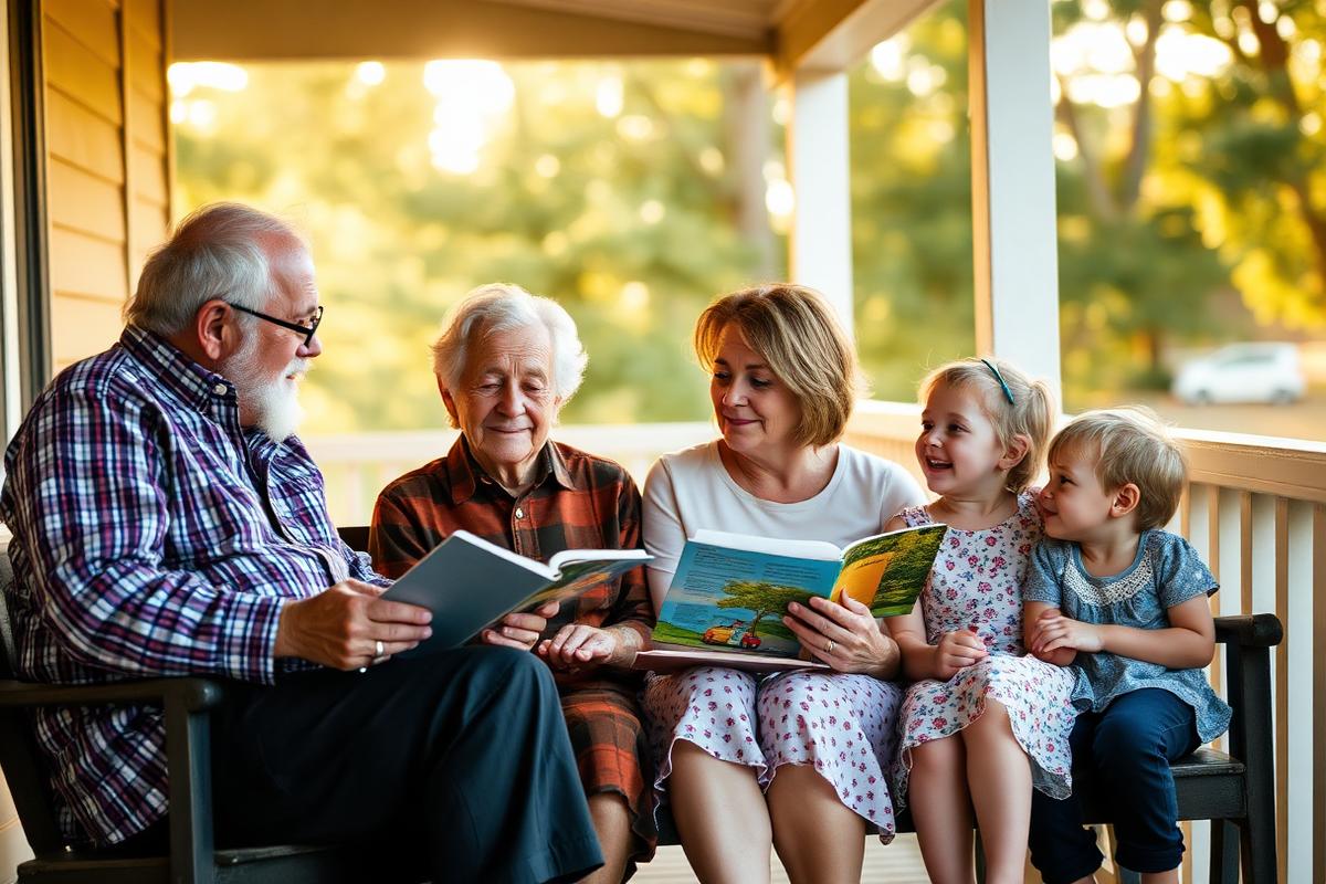 Three generations of a family sitting together on a porch, listening to a story