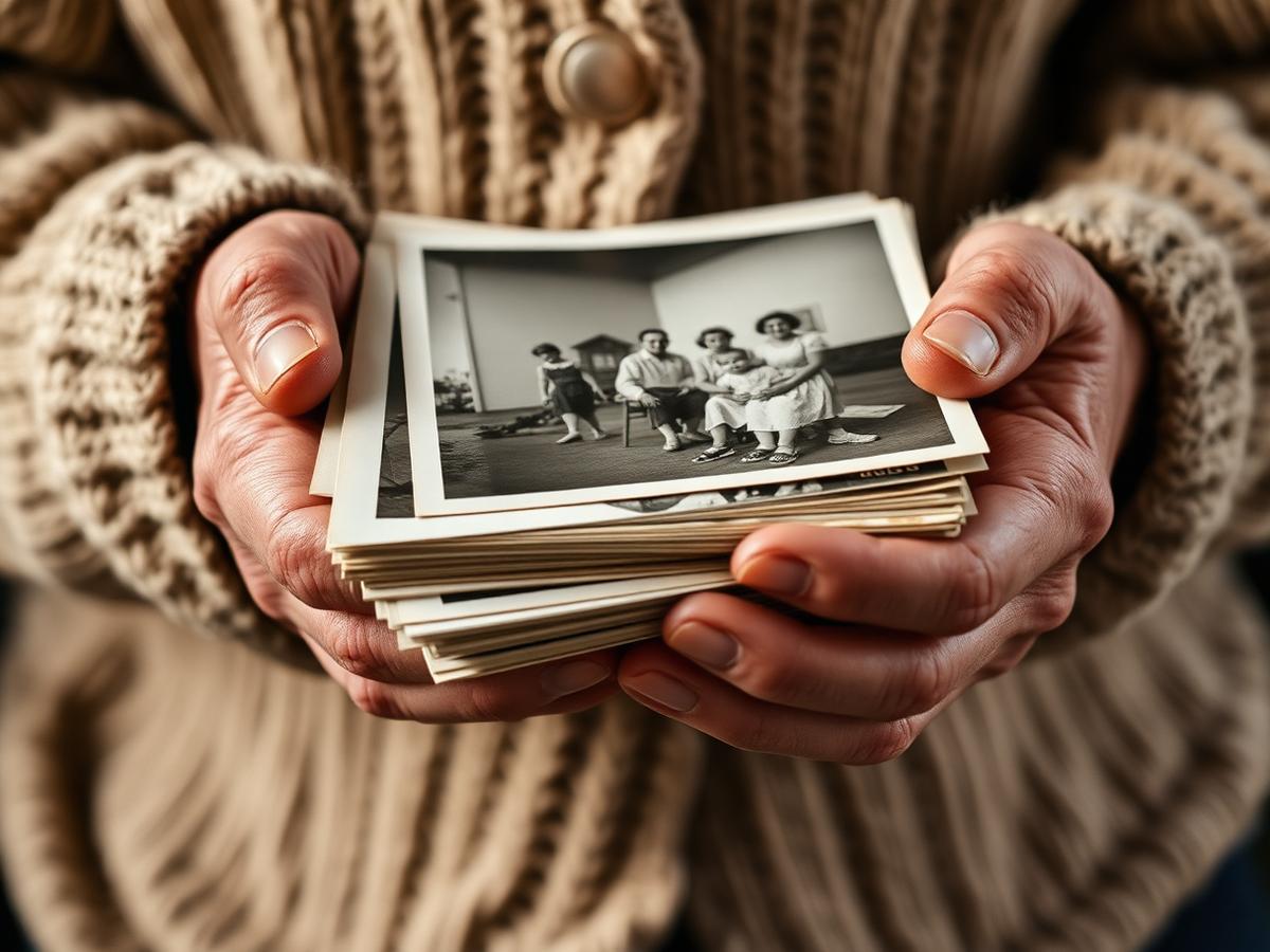 Elderly hands holding a stack of old black and white family photographs