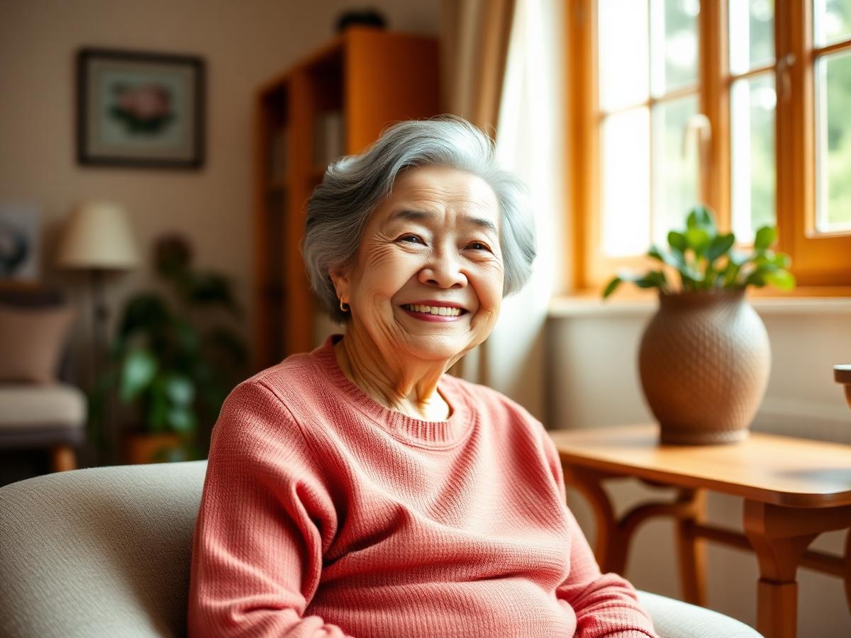An elderly woman smiling in a sunlit sitting room