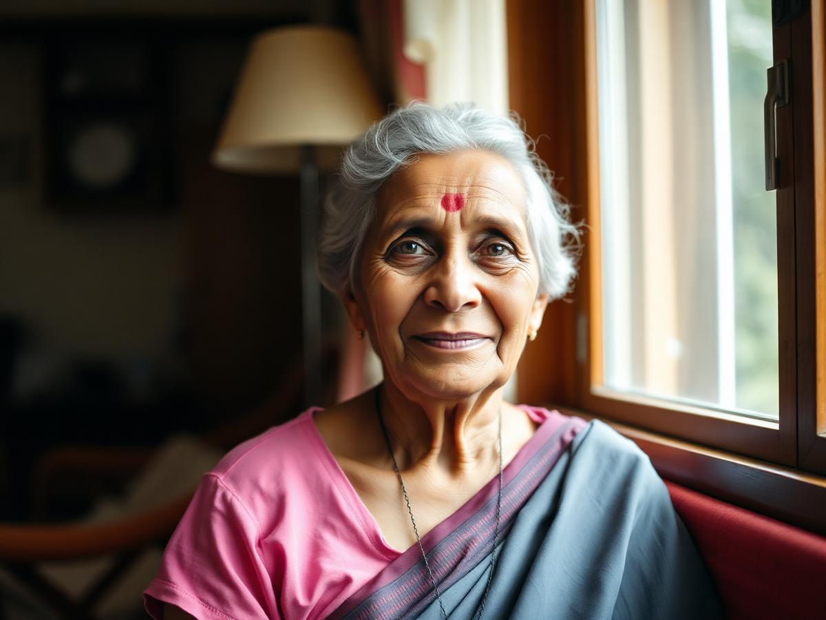An elderly woman sitting near a window during an interview